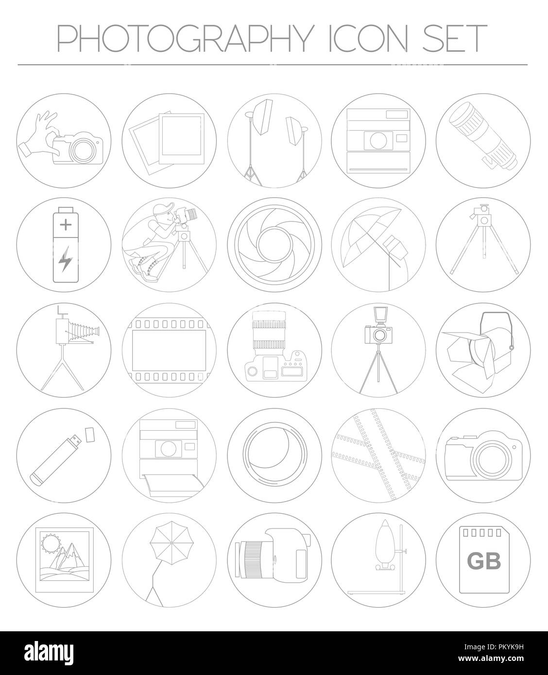 Photography icon set with photo, camera equipment. Outline version ...