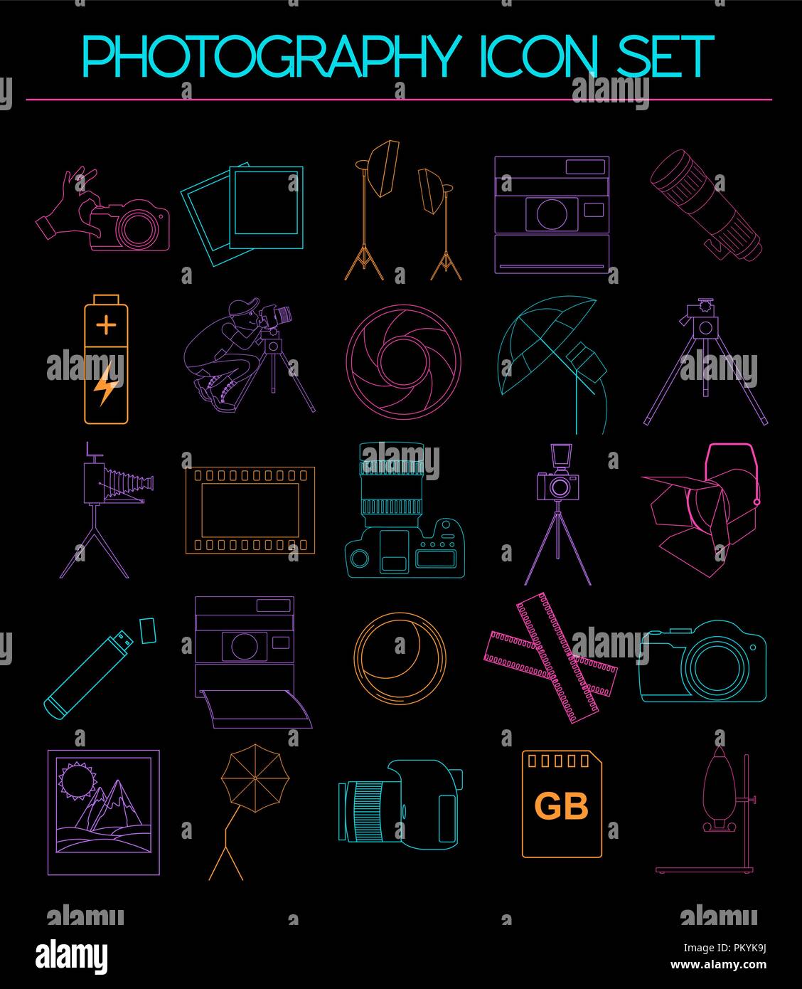 Photography icon set with photo, camera equipment. Outline version ...
