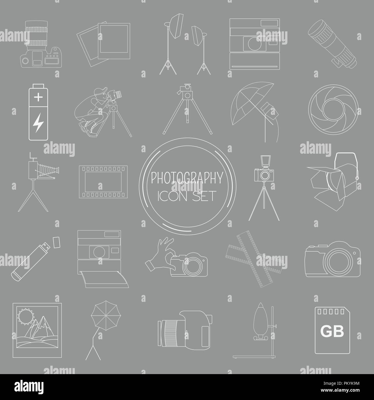 Photography icon set with photo, camera equipment. Outline version ...