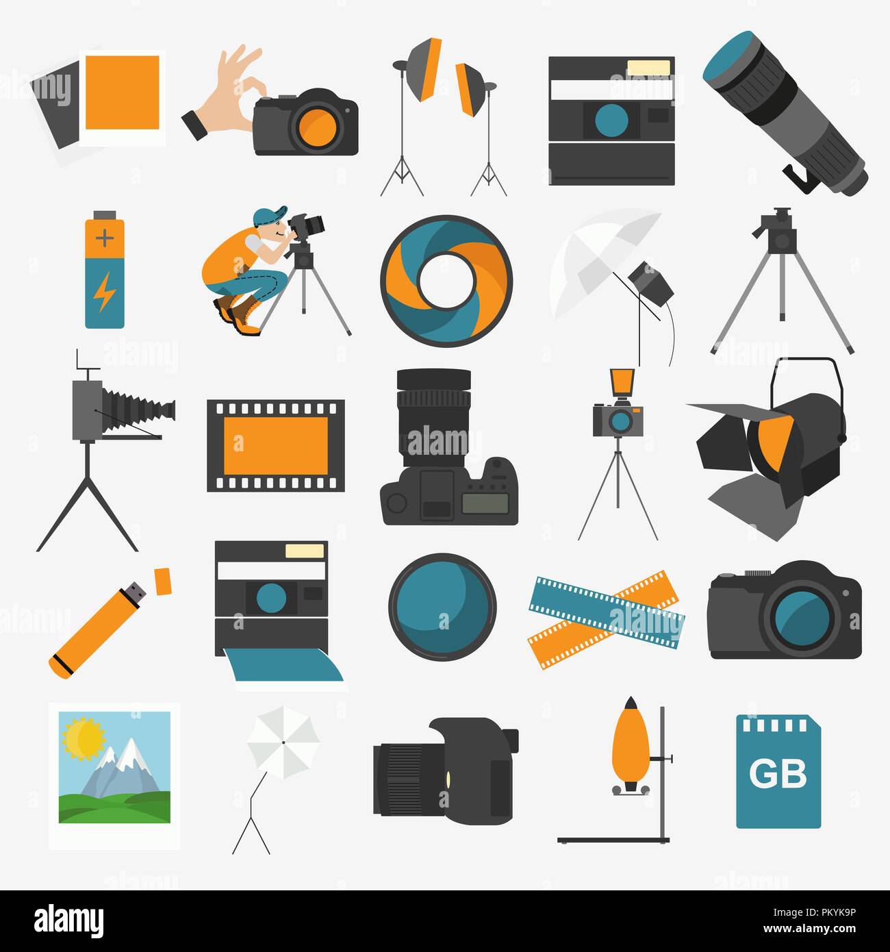 Photography icon set with photo, camera equipment. Colour flat version