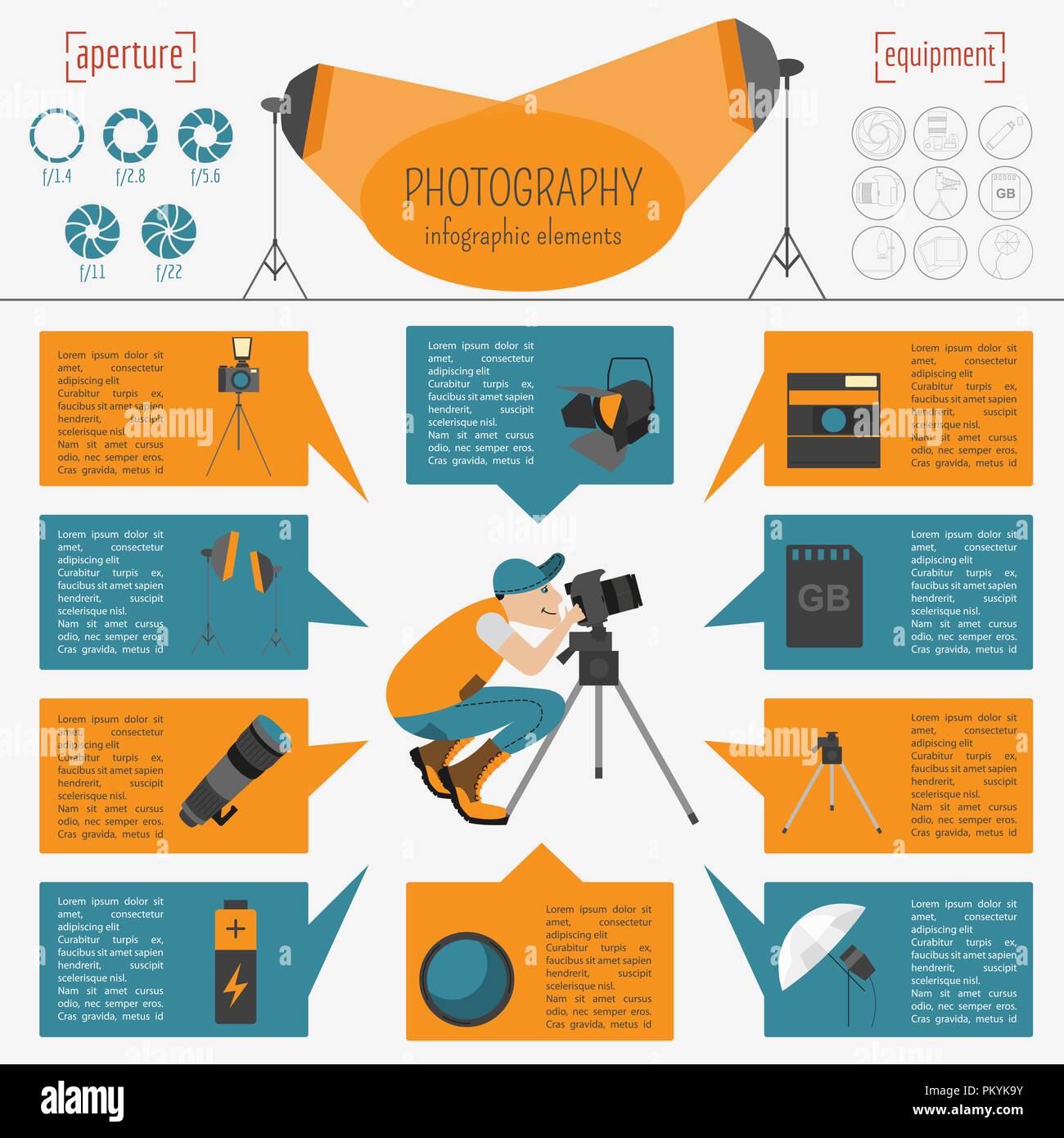 Photography infographics set with photo, camera equipment. Vector