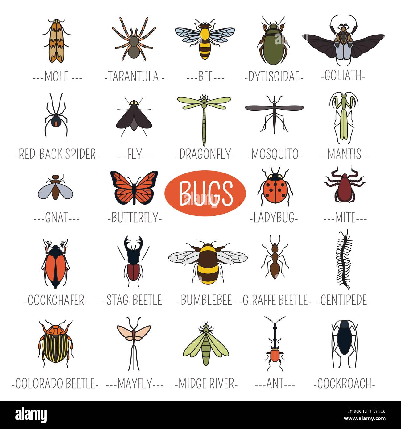 Insects icon flat style. 24 pieces in set. Colour version. Vector illustration Stock Vector