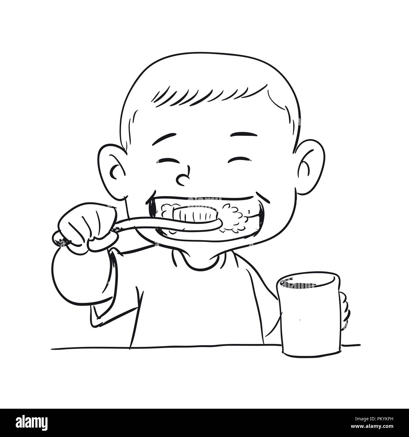 Illustration of a boy make toothbrush, Cheerful children with toothbrushes. Outline on a white background - Vector Illustration. Stock Vector