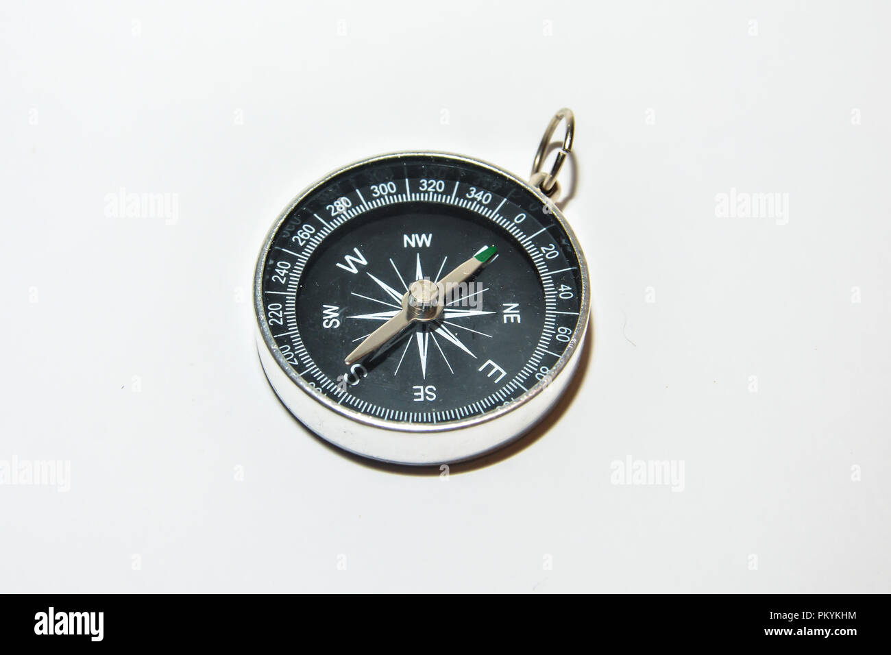 Navigation equipment for orienteering. Compass on white background. Stock Photo