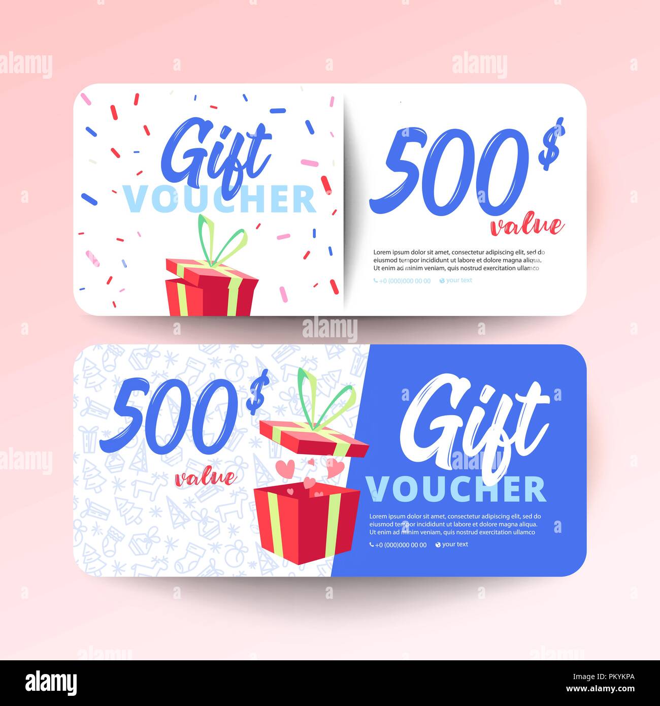 Gift voucher template with hearts and a gift box. 500 dollars Stock