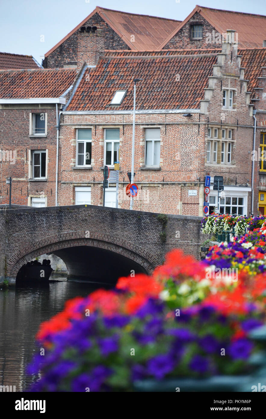 Old buildings, bridge and canal in the center of Ghent, Belgium Stock Photo