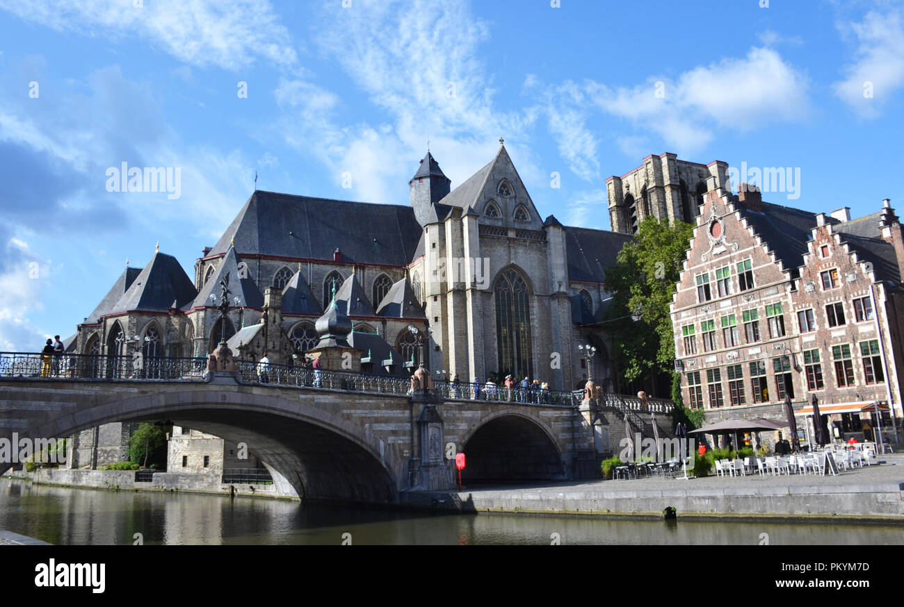 View on St Michael's church from the Graslei in Gent, Belgium Stock Photo