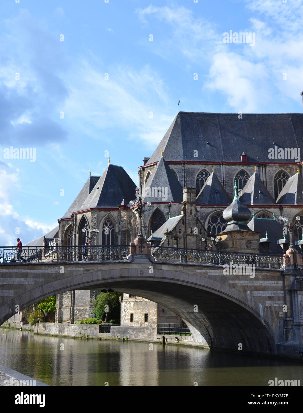 View on St Michael's church from the Graslei in Gent, Belgium Stock Photo