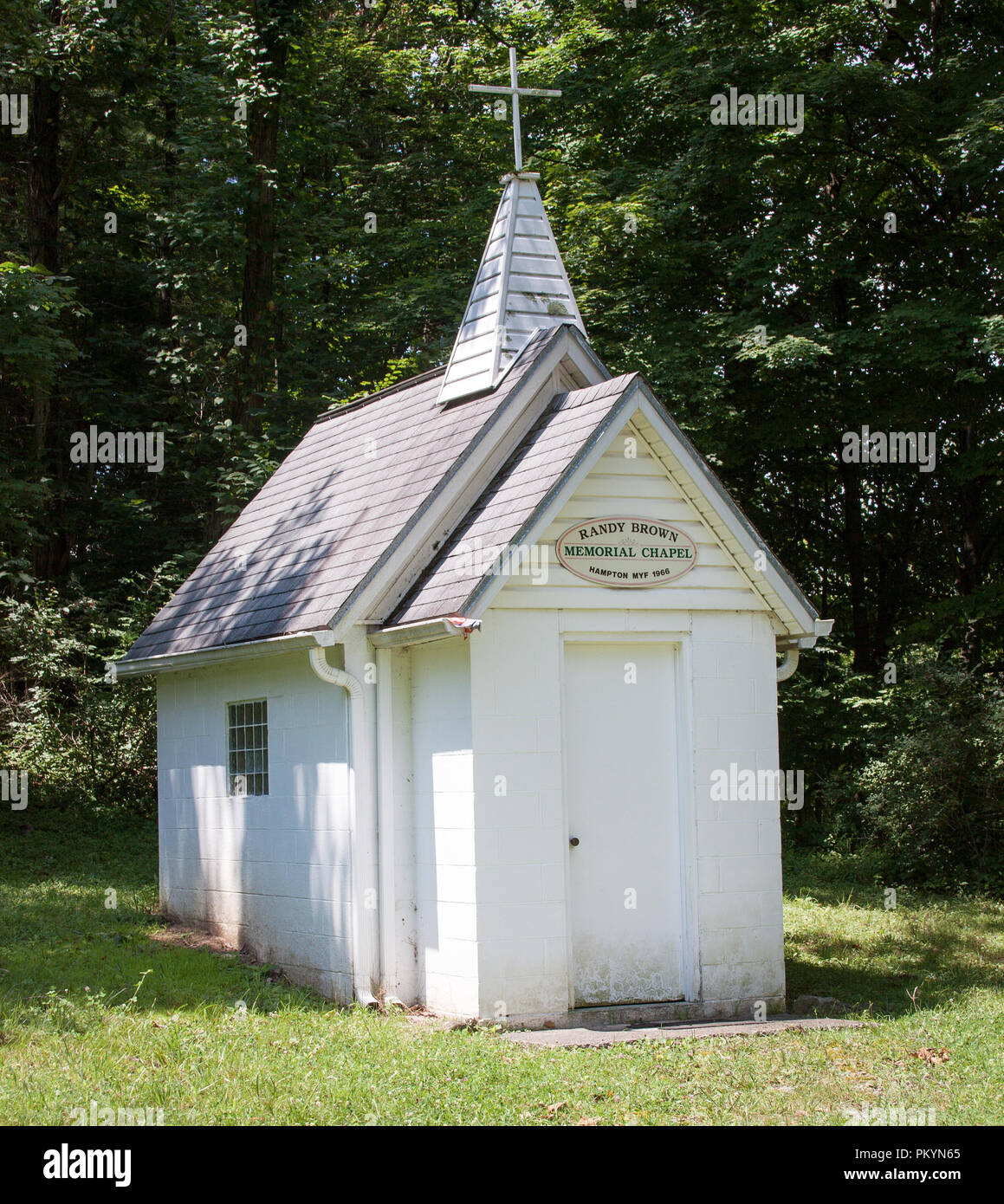 Tiny church in Buckhannon, West Virginia—small in size but big in heart, this miniature chapel offers quiet roadside charm. Stock Photo