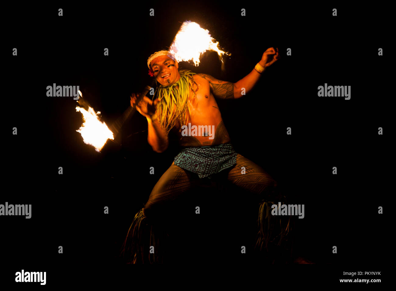 A Fire-knife dancer performs in central Apia for Teuila Festival 2012. Stock Photo