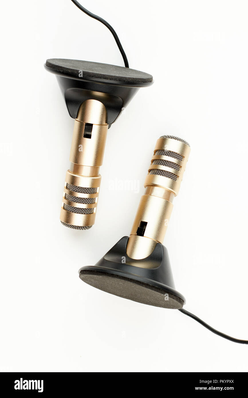 Stereo recorder microphone. Portable stereo condenser with mic stand microphone. Modern audio