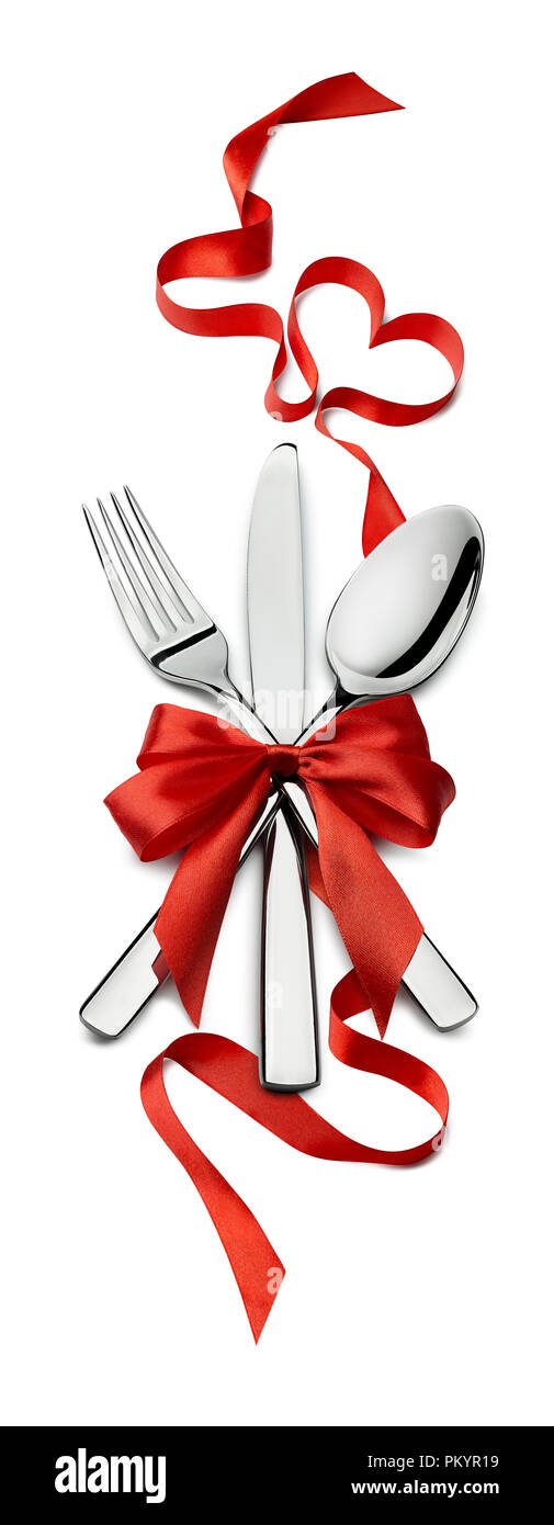 Fork Knife Spoon Vertical Red Ribbon Heart Design Element