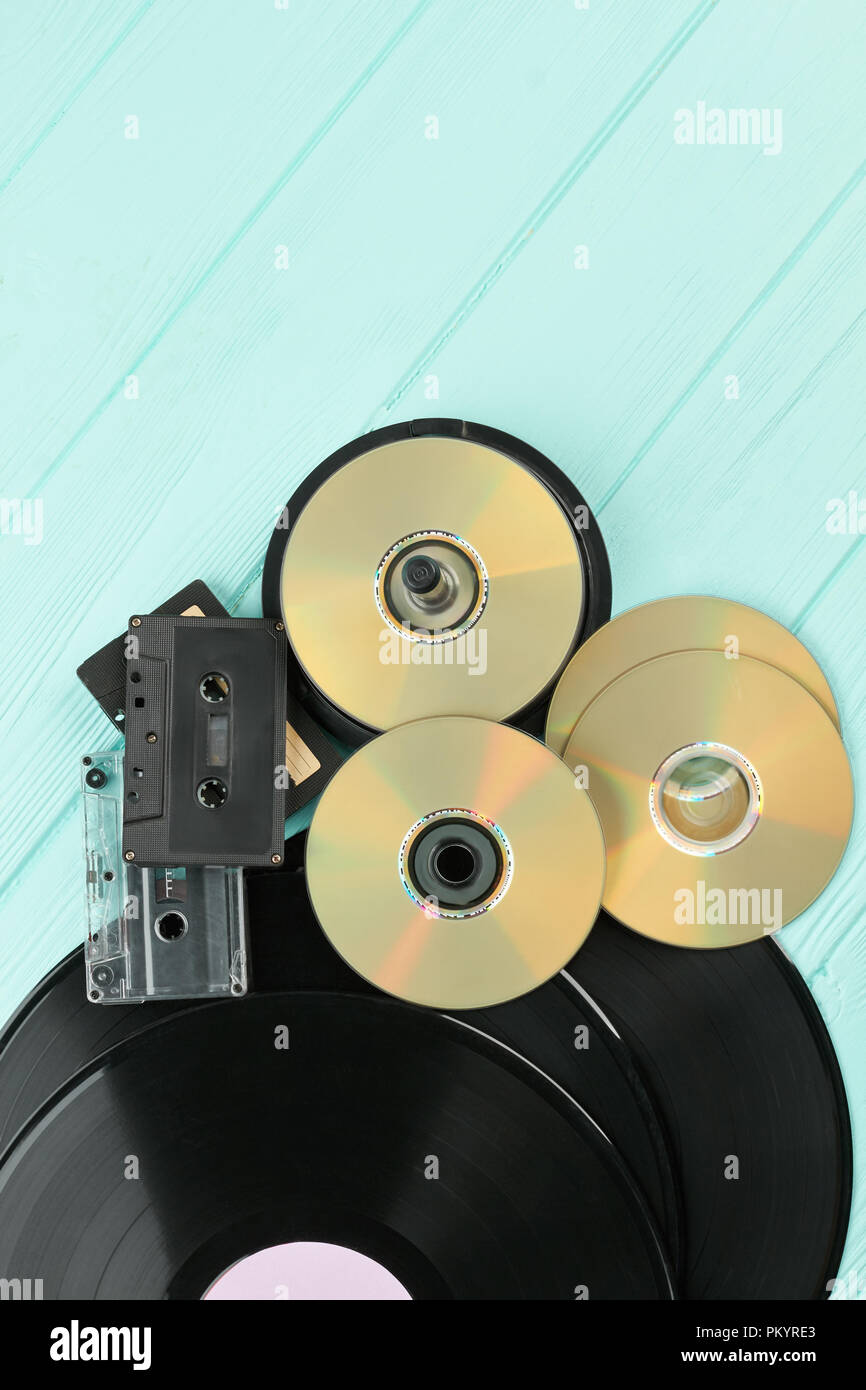 Compact discs, cassettes and vinyl records Stock Photo Alamy