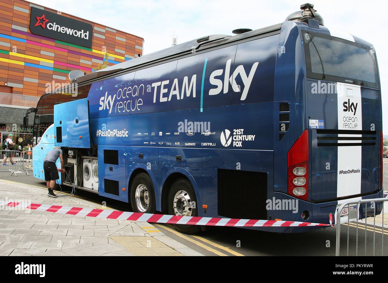 Sky Cycling Team coach near the finish line at the 1st stage of the Tour of Britain 2018 in the