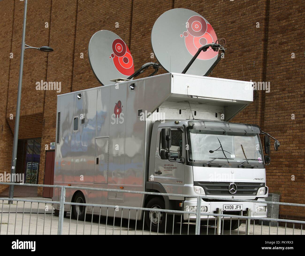 SIS Media satellite broadcast vehicle near the finish line at the 1st stage of the Tour of Britain 2018 in the city of Newport South Wales GB UK 2018 Stock Photo