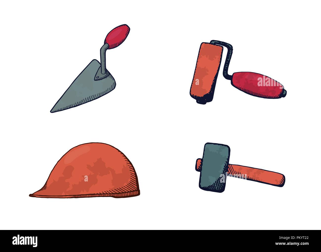 A set of construction tools. Bright design vector illustration. Hammer, spatula, helmet and