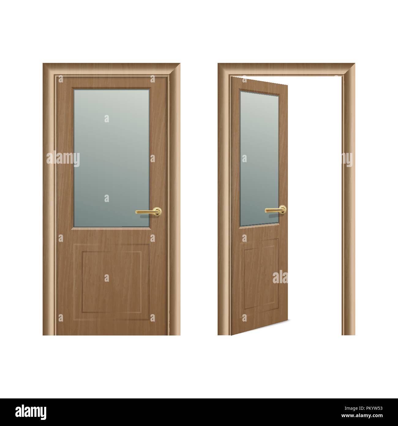 Vector realistic different opened and closed brown wooden door icon set ...