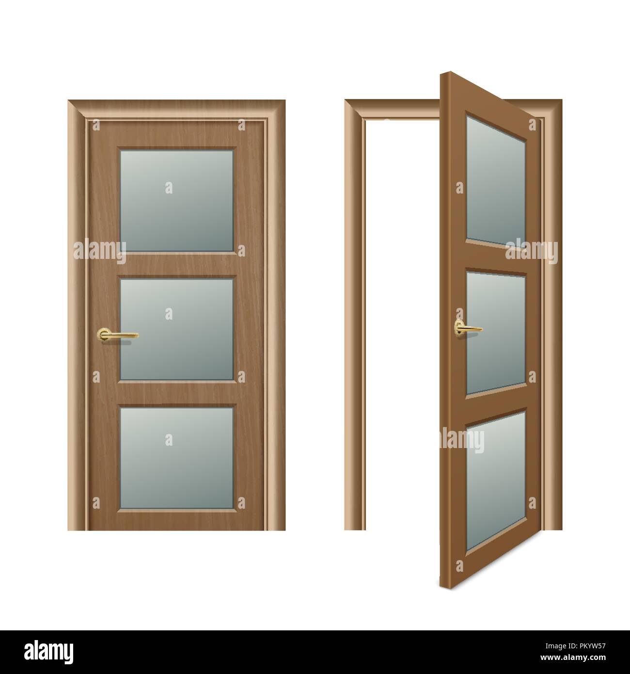 Vector realistic different opened and closed brown wooden door icon set ...