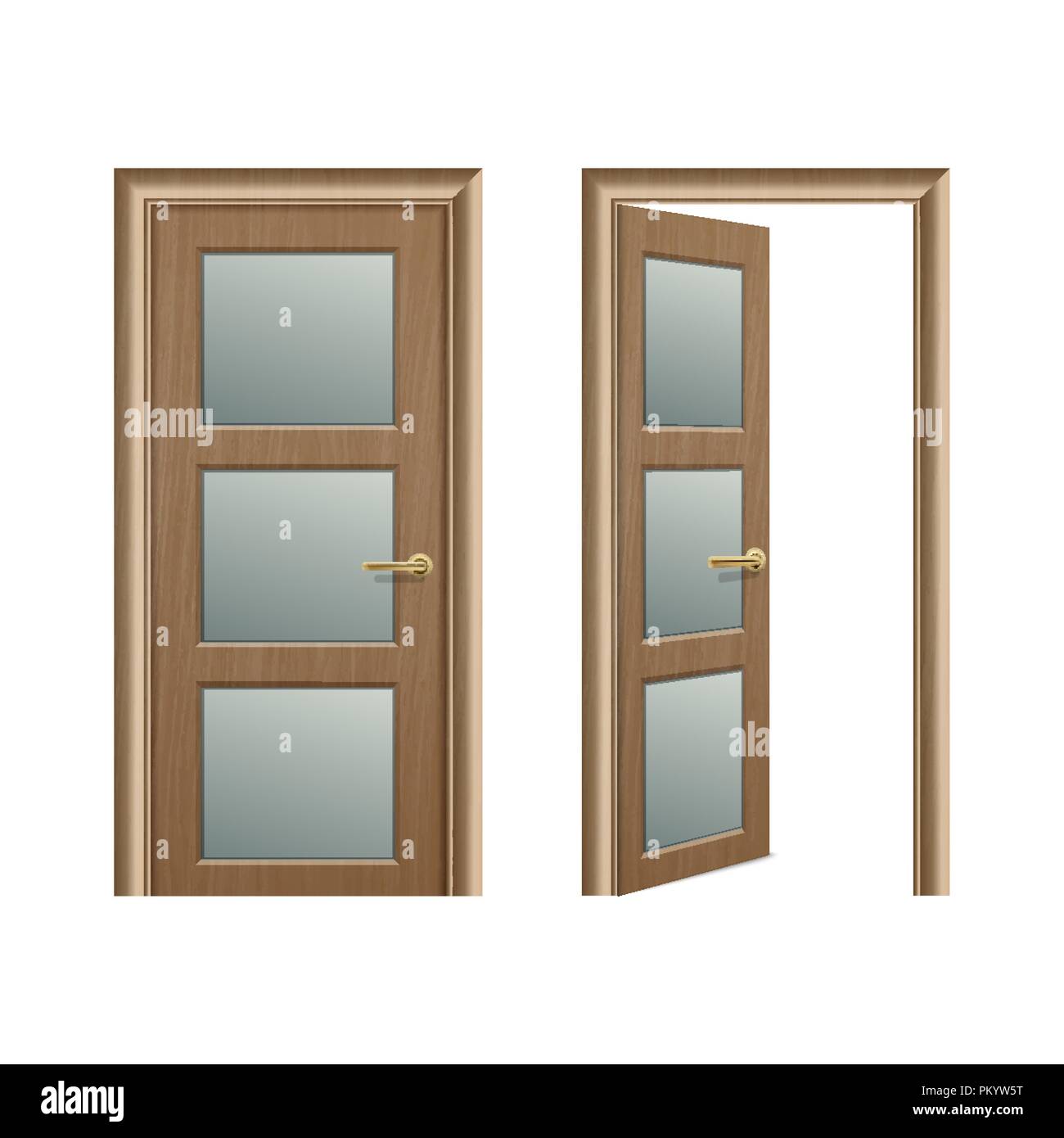 Vector realistic different opened and closed brown wooden door icon set ...
