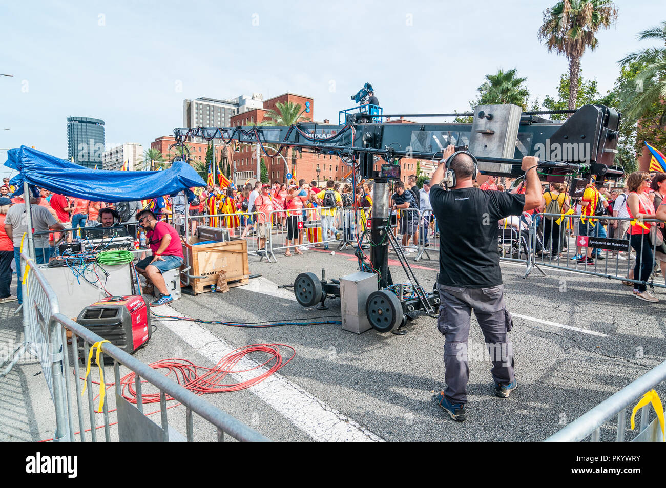 telescopic camera crane, tv operator, Catalonia national day 2018, la Diada, Barcelona, Catalonia, Spain Stock Photo