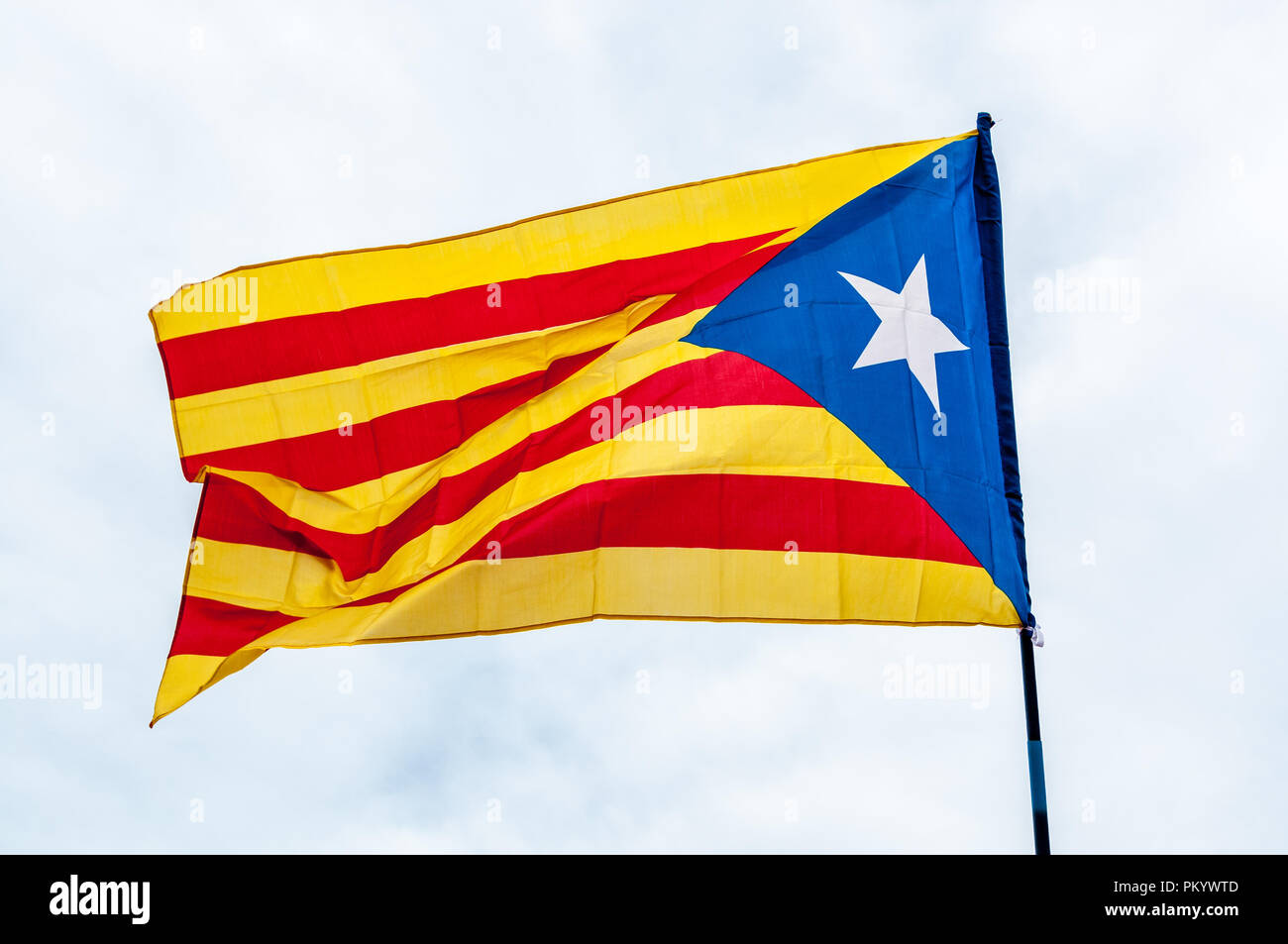 catalunya independence flag, estelada, Barcelona, mast with flag, catalonia Stock Photo