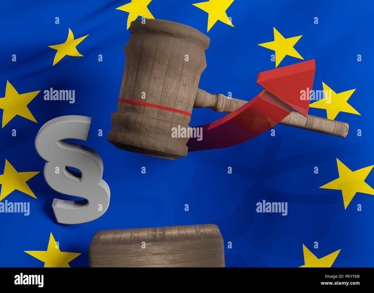 flag of Europe with wooden judge gavel 3D-Illustration Stock Photo