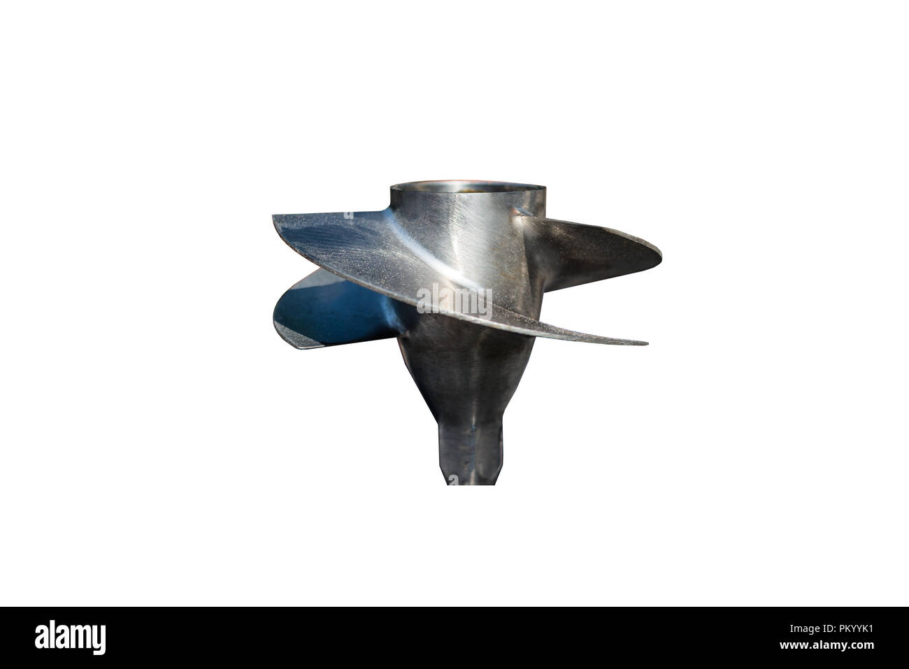 A small, metal propeller from a jet ski. Isolated on a white background