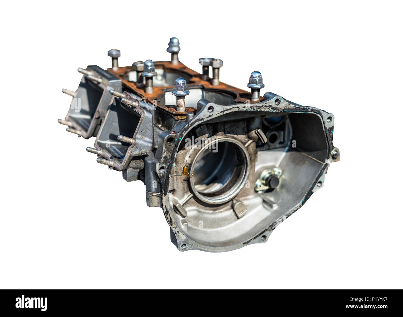 A disassembled block of a two-cylinder engine isolated on a white