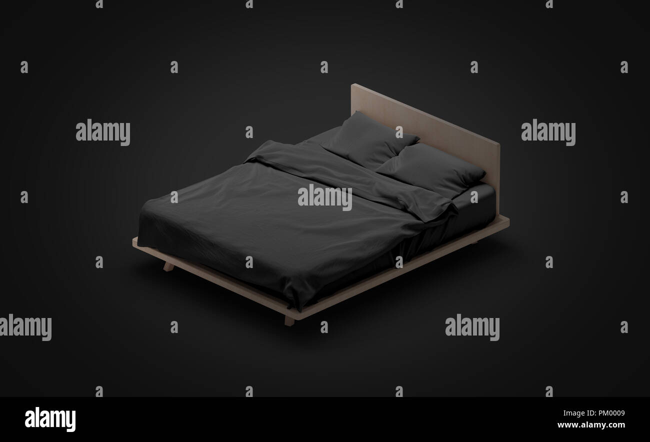 Blank black bed mock up, side view isolated in darkness, 3d rendering. Empty blanket and pillows mockup for sleep. Bedstead with mattress and bedsheet template. Bedclothes with pilows and duvet. Stock Photo