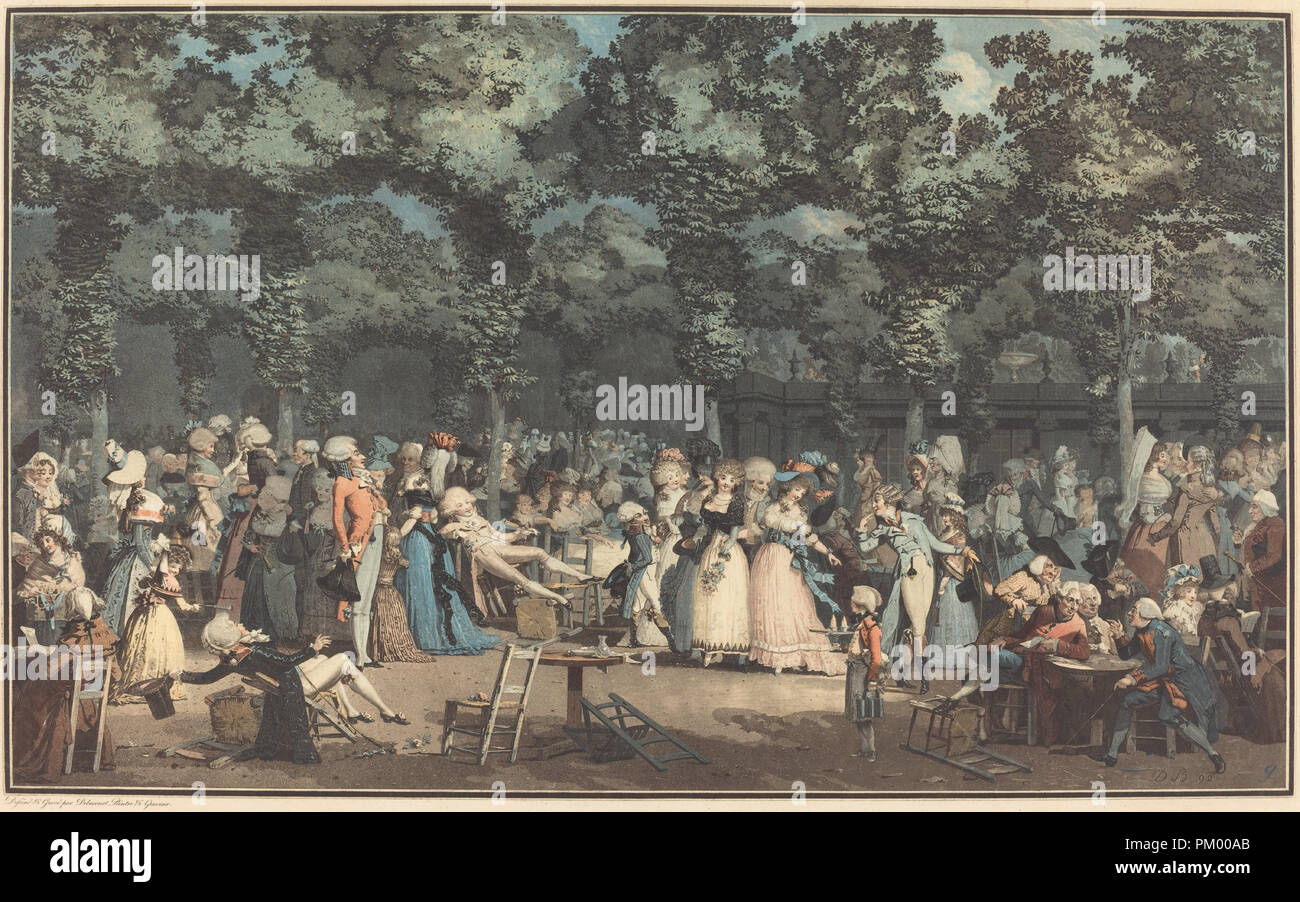 La Promenade Publique. Dated: 1792. Dimensions: Overall (outer framing line): 36.6 x 60 cm (14 7/16 x 23 5/8 in.)  sheet (trimmed within the platemark): 45.2 x 63.7 cm (17 13/16 x 25 1/16 in.). Medium: etching and wash manner, printed in blue, carmine, dark pink, yellow, and black inks. Museum: National Gallery of Art, Washington DC. Author: Philibert-Louis Debucourt. Debucourt, Philibert-Louis. Stock Photo