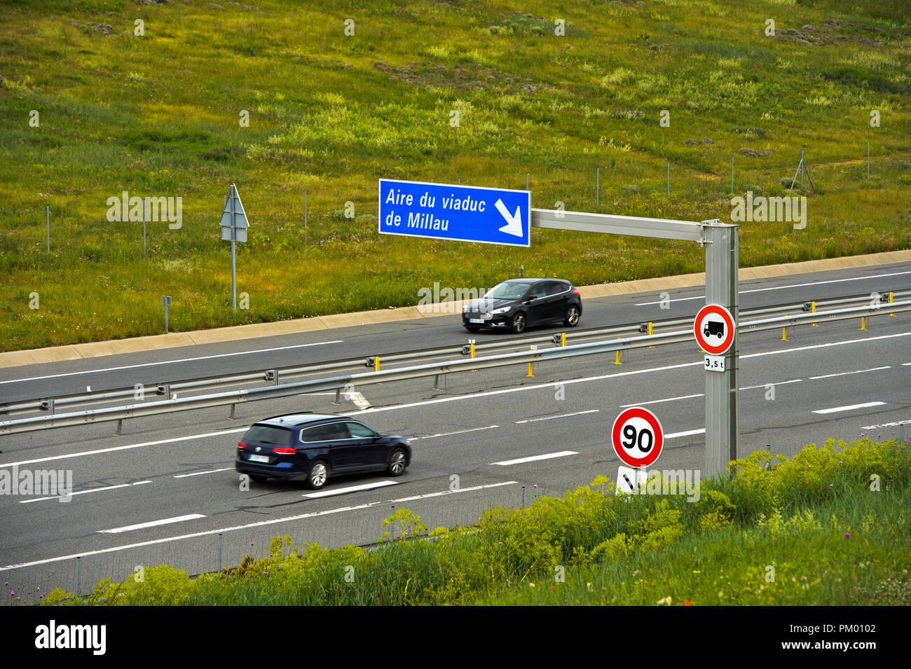 Exit on highway A75 to the Millau Viaduct, Millau-Creissels, Aveyron, France Stock Photo