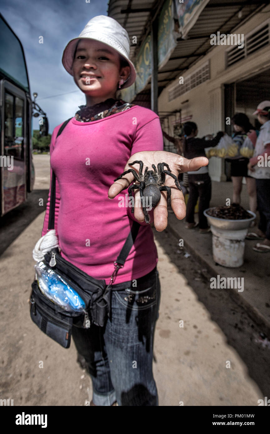Female street food vendor selling large black spiders for food. A popular food delicacy particularly in the Cambodian town of Skuon in rural Cambodia Stock Photo