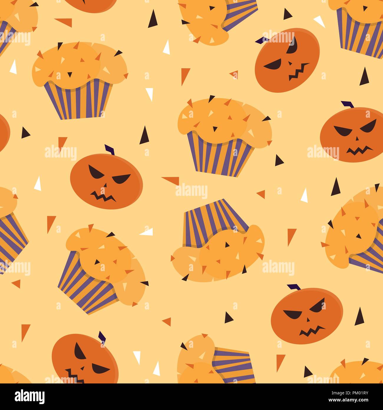Happy Halloween cupcakes with cute halloween elements - seamless pattern Stock Vector