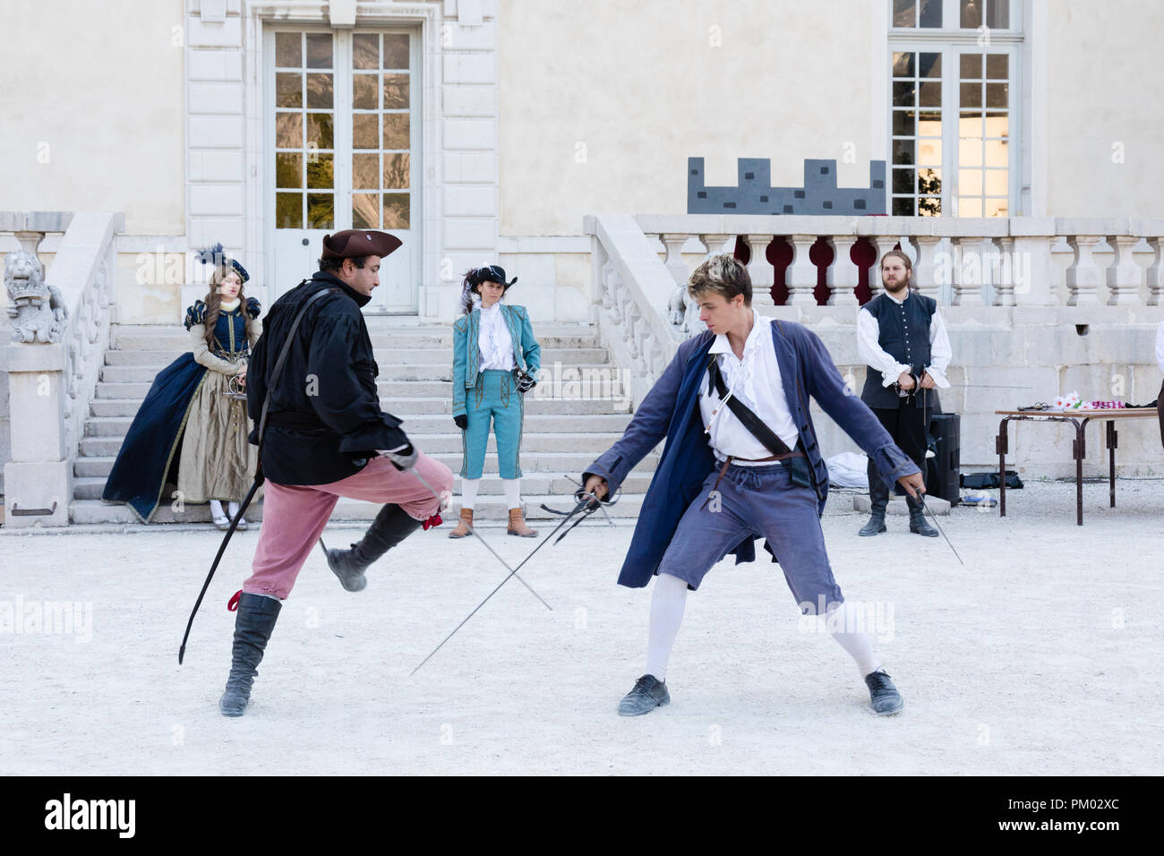 Sassenage castle, Isere, France - September 15 2018 : European Heritage Day, Lames du Dauphine fencing club reenacting fights. Stock Photo