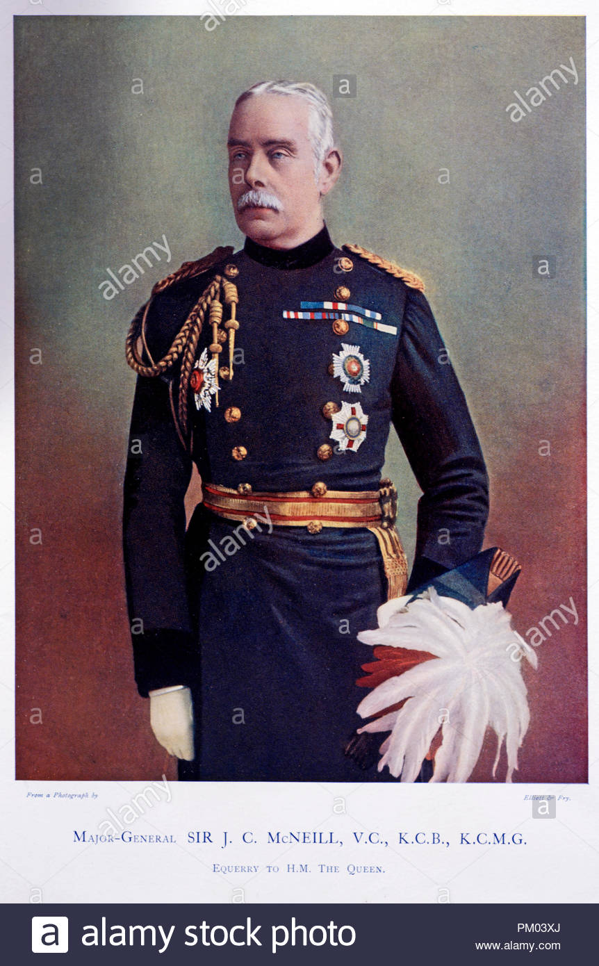 Major General Sir John Carstairs McNeill, VC, GCVO, KCB, KCMG, 1831 – 1904, was a senior British Army officer and Scottish recipient of the Victoria Cross, the highest award for gallantry in the face of the enemy that can be awarded to British and Commonwealth forces. Colour illustration from 1900 Stock Photo