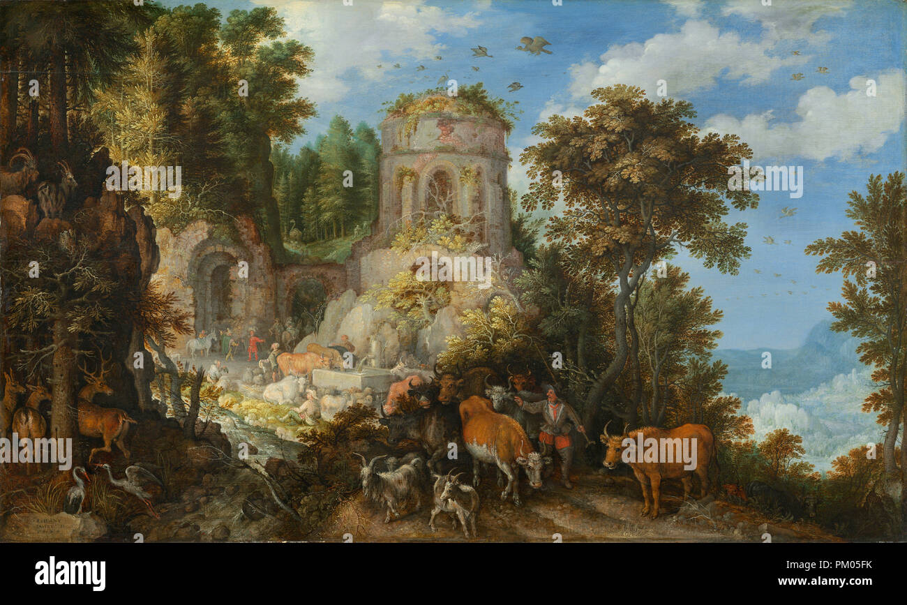 Landscape with the Flight into Egypt. Dated: 1624. Dimensions: overall: 54.3 x 91.5 cm (21 3/8 x 36 in.)  framed: 71.1 x 107.6 x 5.7 cm (28 x 42 3/8 x 2 1/4 in.). Medium: oil on panel. Museum: National Gallery of Art, Washington DC. Author: Roelandt Savery. Stock Photo