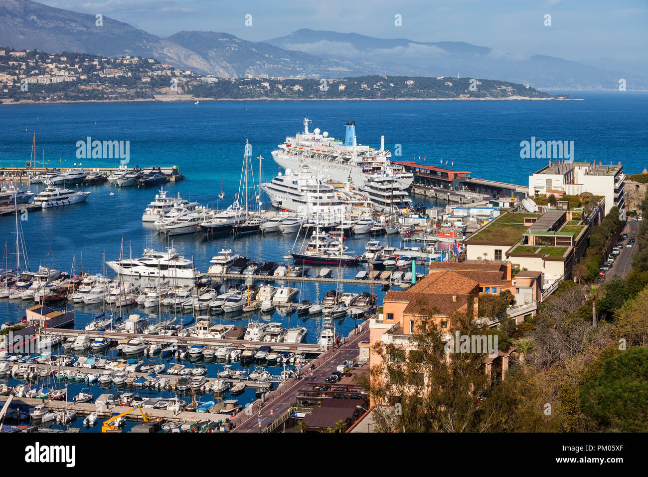 Monaco principality, yachts and boats at Port Hercule on Mediterranean Sea Stock Photo