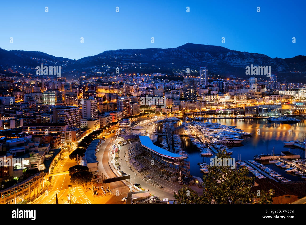 Principality of Monaco in the evening, Mediterranean Sea coastline Stock Photo
