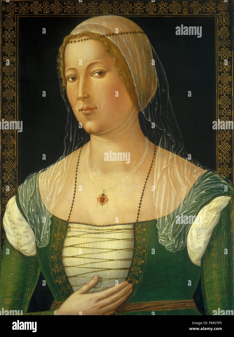 Portrait of a Young Woman. Dated: c. 1508. Dimensions: painted surface: 58.1 x 43.2 cm (22 7/8 x 17 in.)  overall: 60 x 45 cm (23 5/8 x 17 11/16 in.)  framed: 75.6 x 59.7 x 8.3 cm (29 3/4 x 23 1/2 x 3 1/4 in.). Medium: oil on poplar panel. Museum: National Gallery of Art, Washington DC. Author: GIROLAMO DI BENVENUTO. Stock Photo