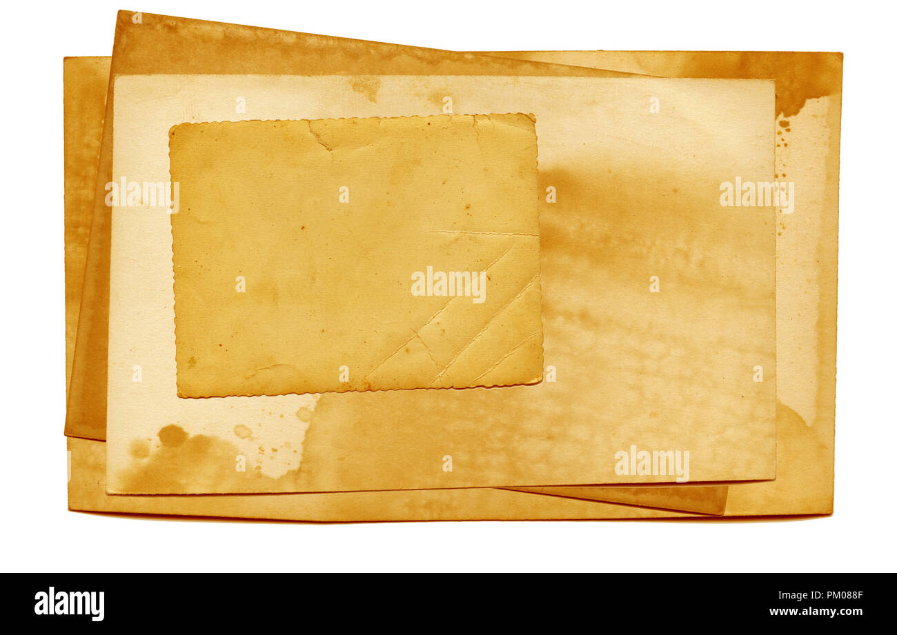 Vintage and antique art concept. Front view of blank old aged dirty frame with stains isolated on a white background. Stock Photo