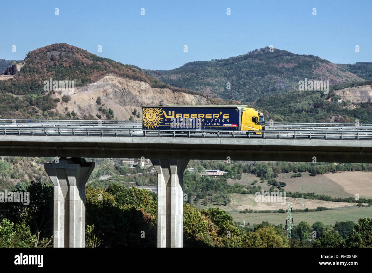 Waberers truck on a highway bridge, Czech Republic Lorry bridge Stock Photo
