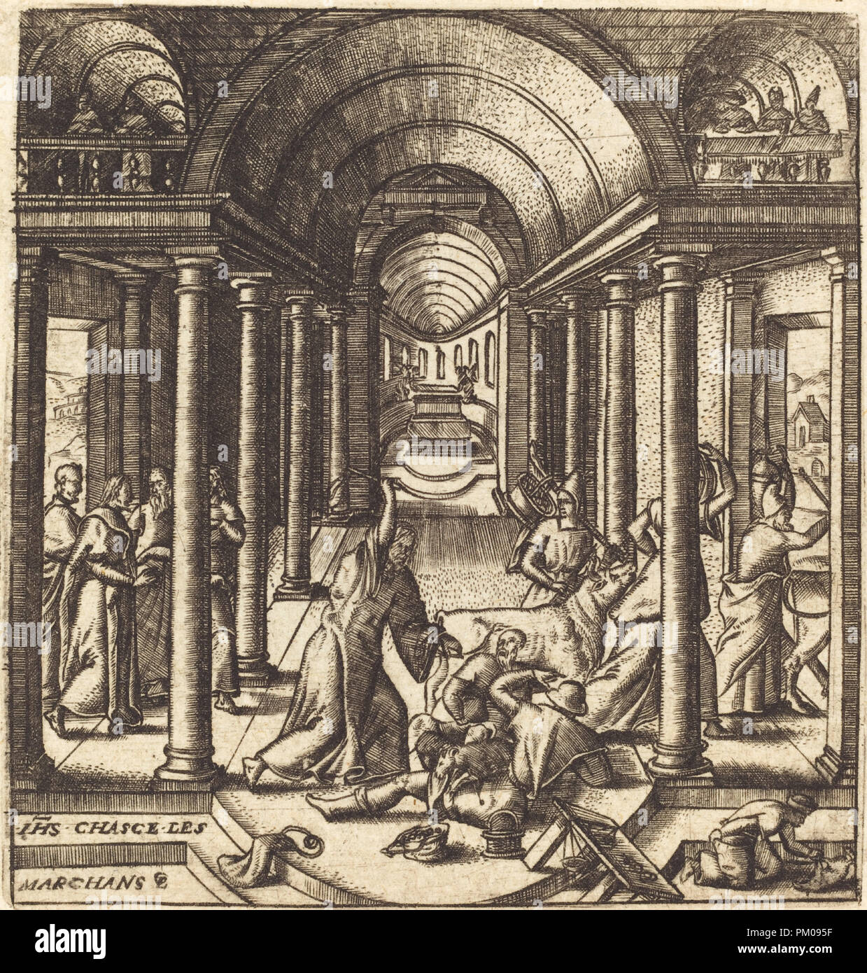 Christ Driving the Money Changers from the Temple. Dated: probably c. 1576/1580. Medium: engraving. Museum: National Gallery of Art, Washington DC. Author: Léonard Gaultier. Stock Photo