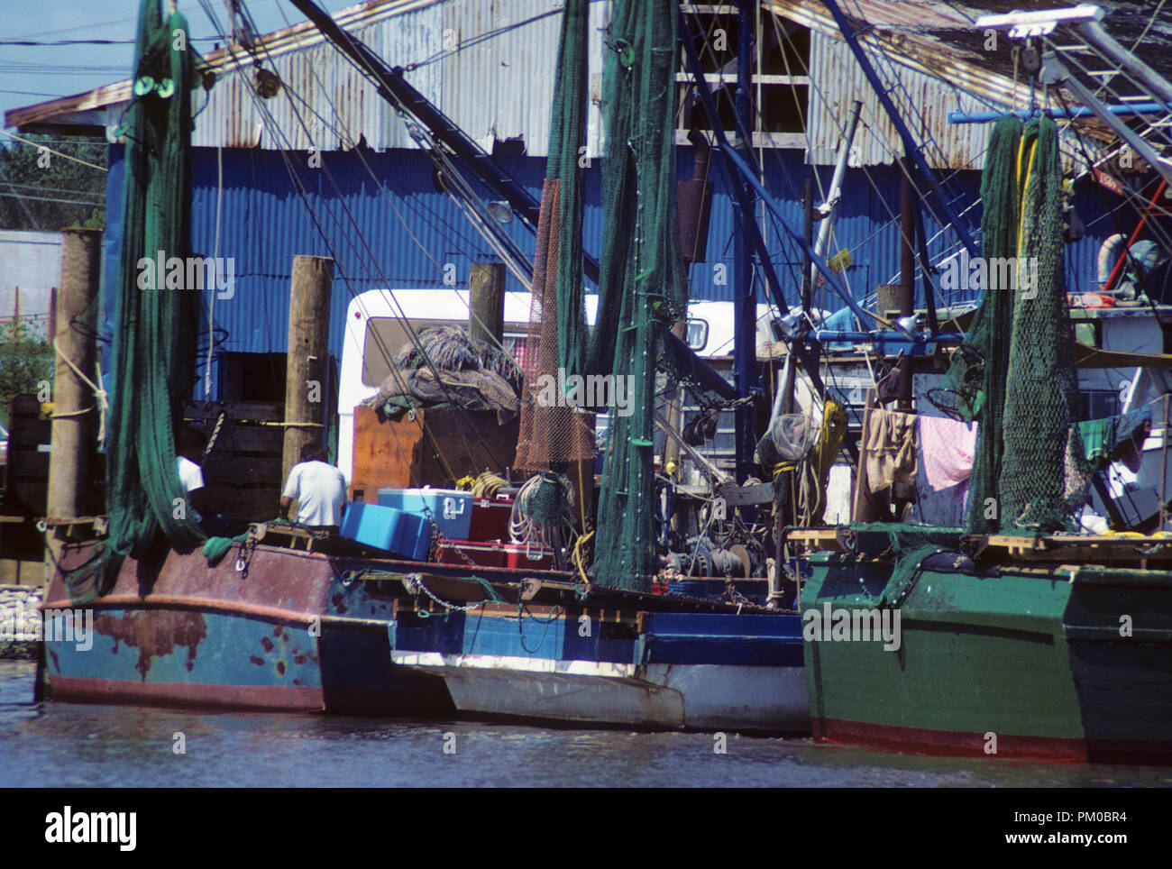 Working shrimp boat on the Gulf Coast of the United States catching fresh wild shrimp and