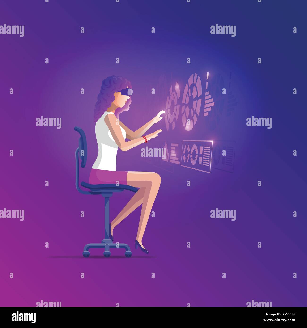 Pretty beautiful girl wearing virtual reality (VR) goggles device sitting on modern office chair and using hands touching simulation screen. Future co Stock Vector