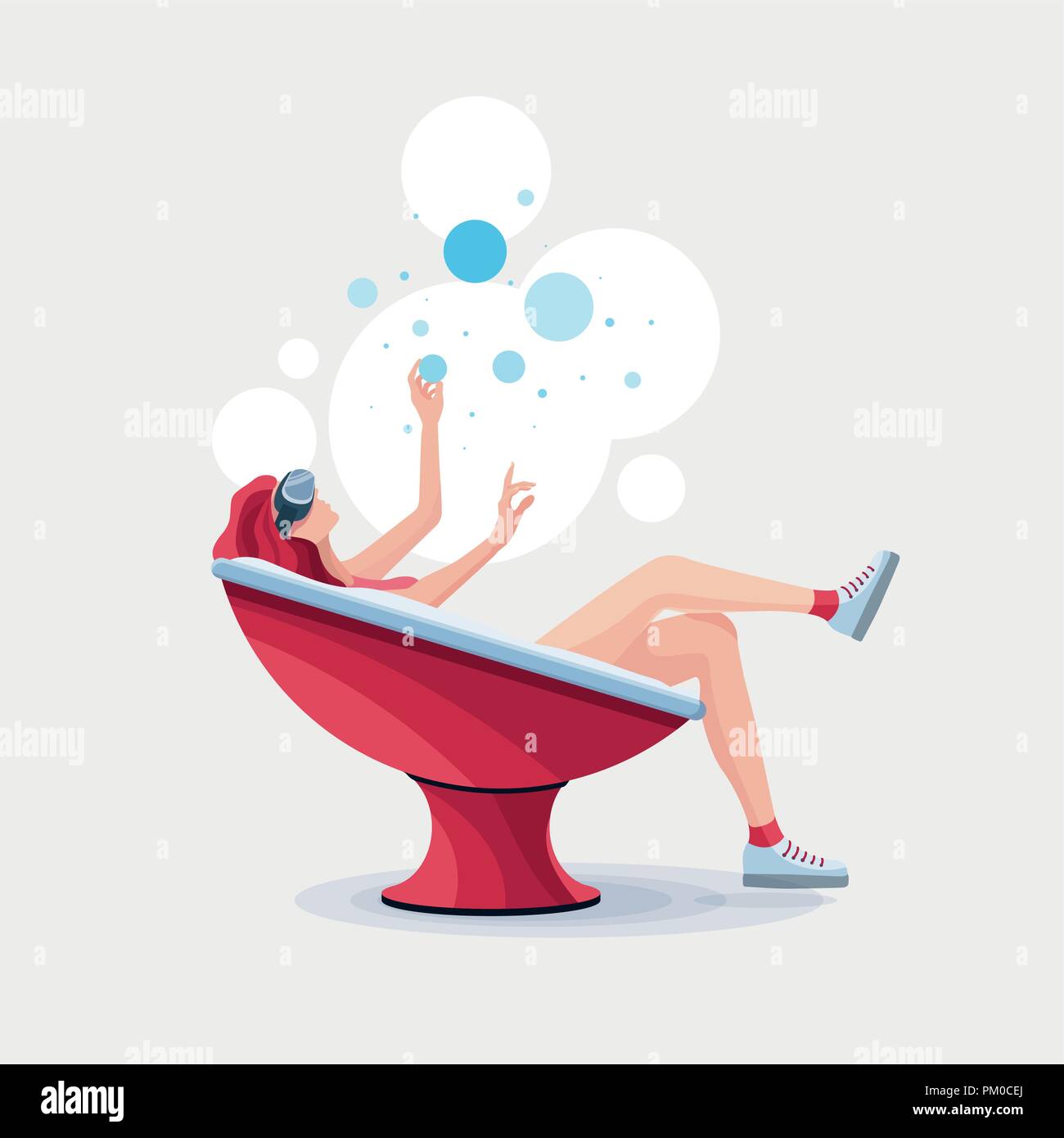 Pretty beautiful girl wearing virtual reality (VR) goggles device lying down in modern semi round chair and using hands touching simulation screen. Stock Vector