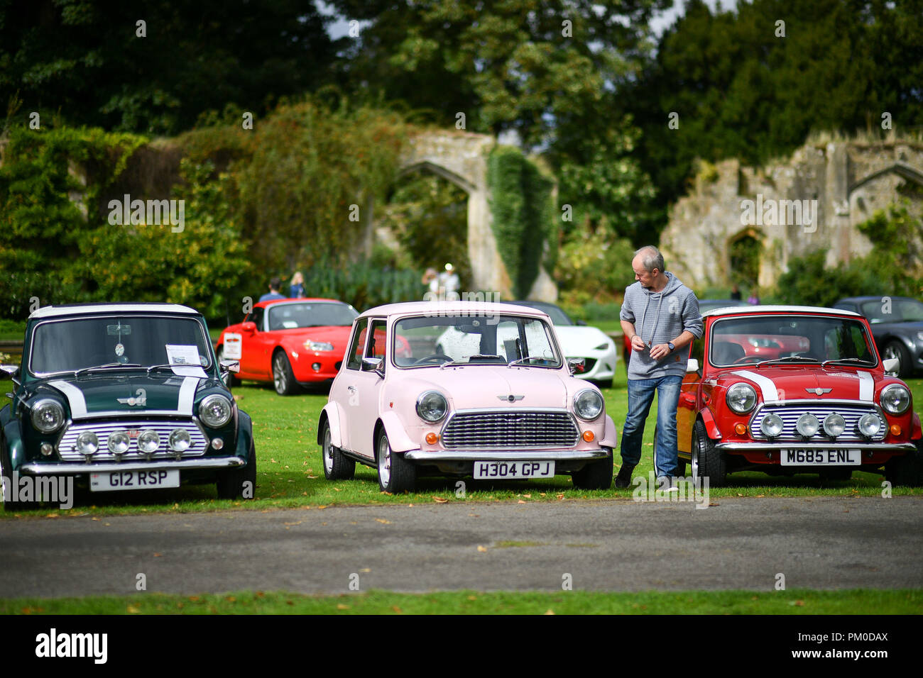 A man admires British Motor Company Mini cars at a classic car gathering at Sudeley Castle in the Cotswolds. Stock Photo