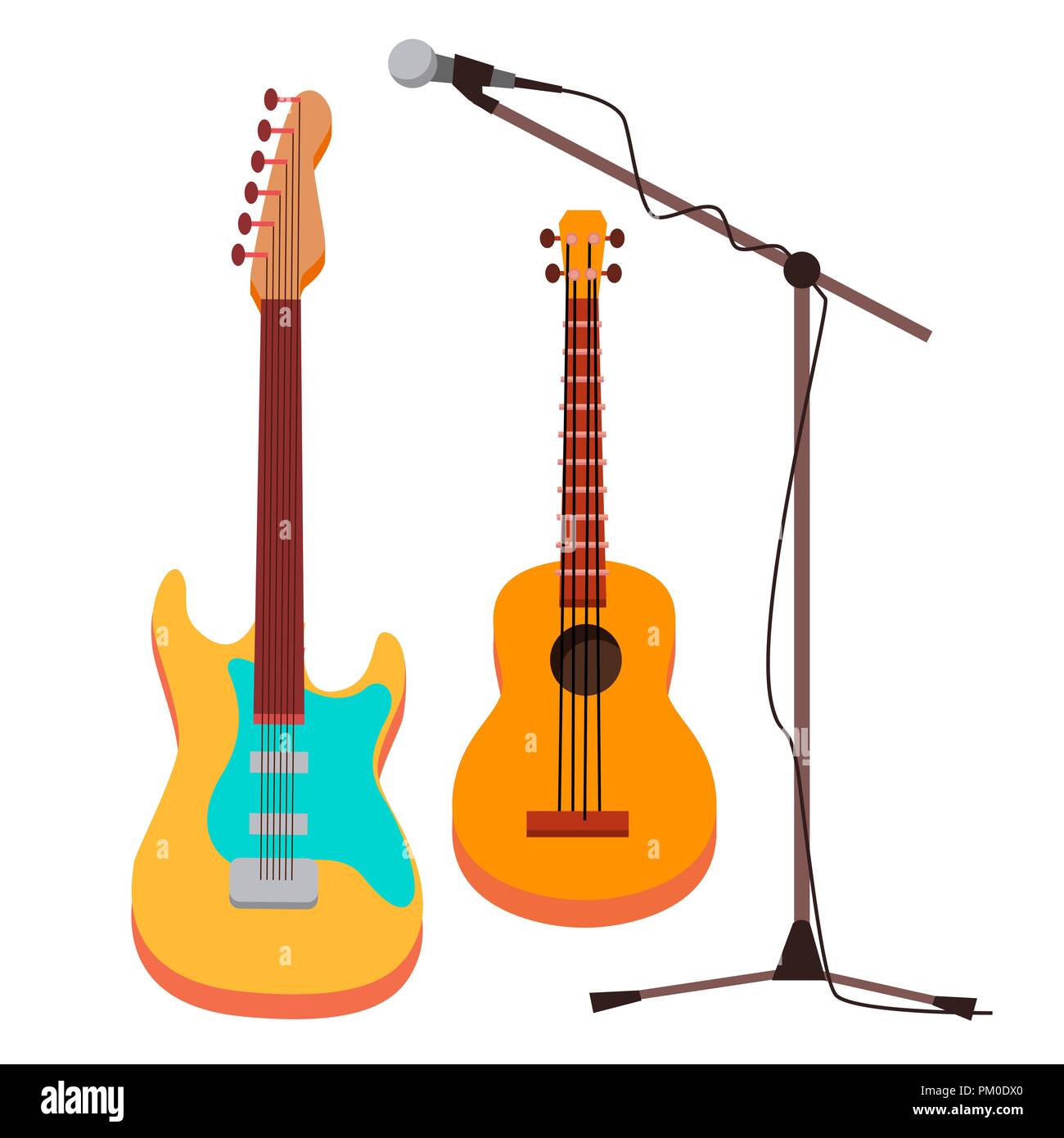 Guitar Vector. Electric, Classic. Microphone With Stand. String Musical
