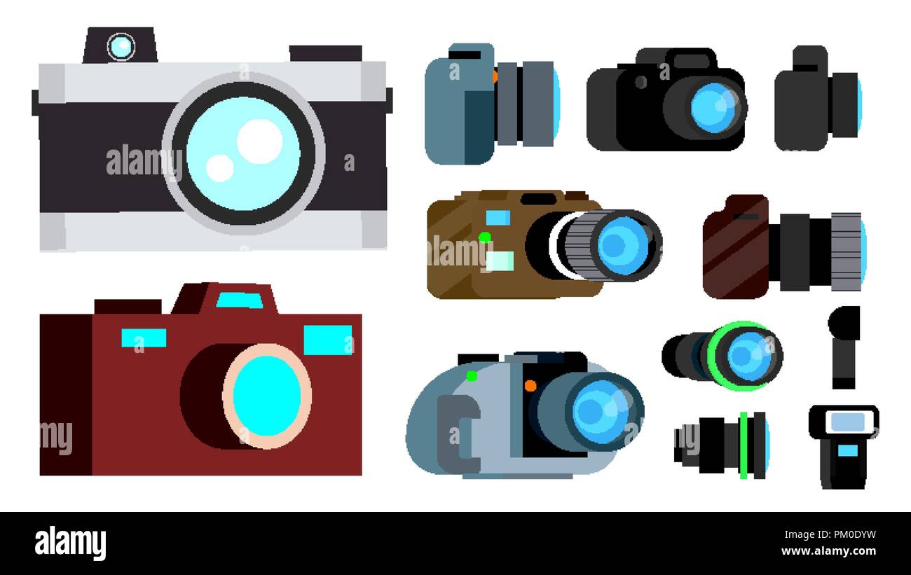 Camera Icon Set Vector. Retro, Vintage, Modern Photo Camera Symbol
