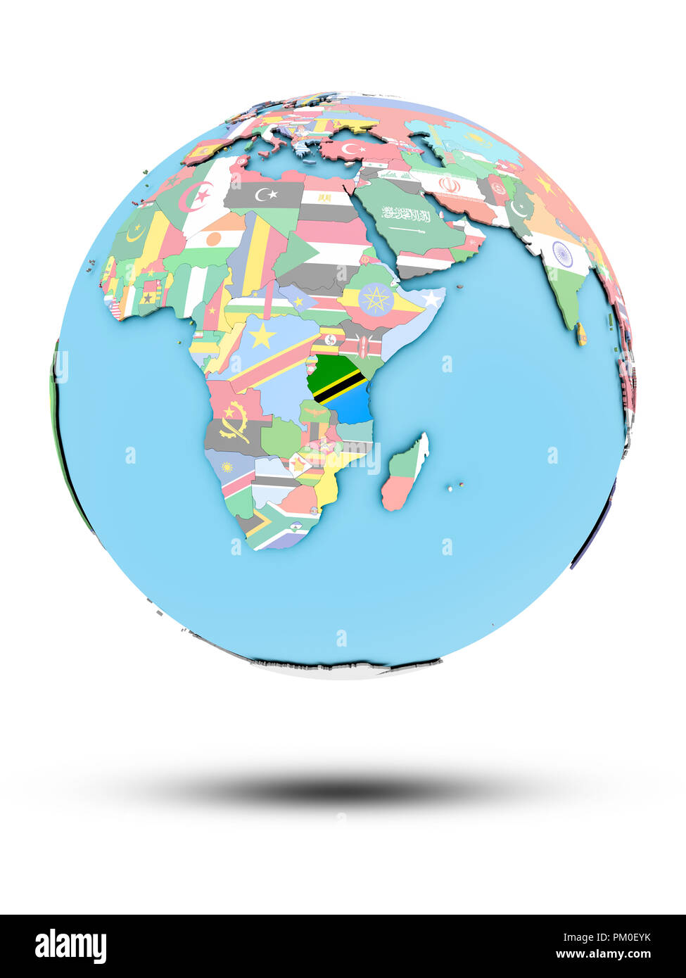 Tanzania on political globe with national flags isolated on white ...