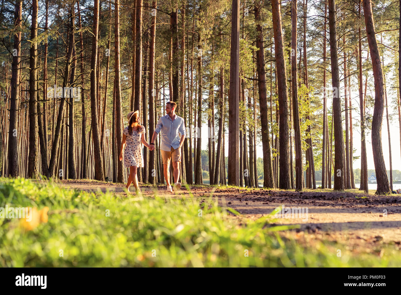 Young couple in love walking in the autumn park holding hands looking ...